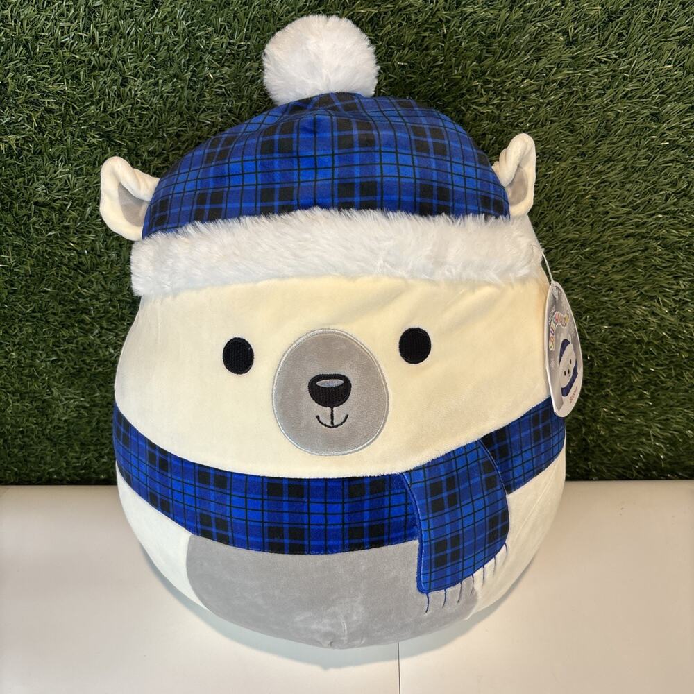 New SQUISHMALLOW 2021 BROOKE 16" White Bear Blue Scarf Winter Holiday Plush Toy